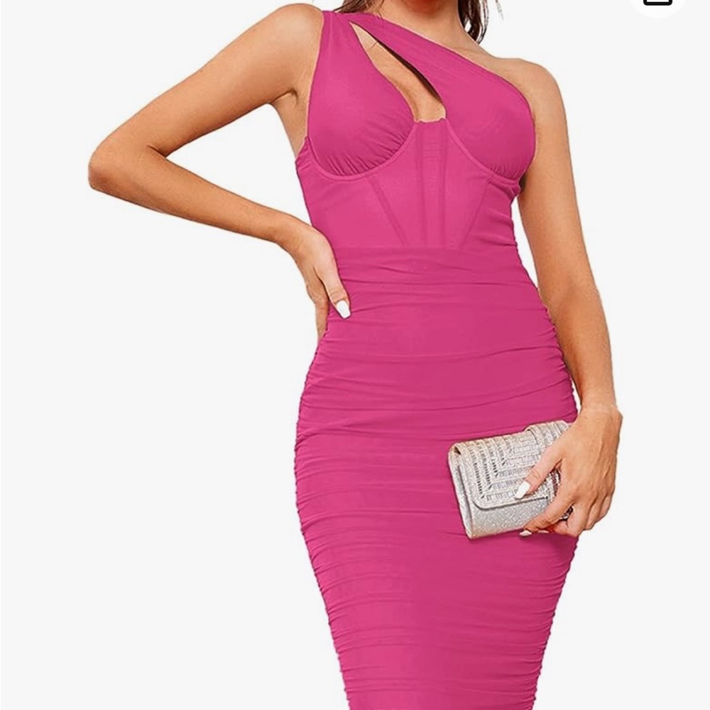 Hot Pink Midi Dress, Semi-Formal, One Shoulder, Size Medium